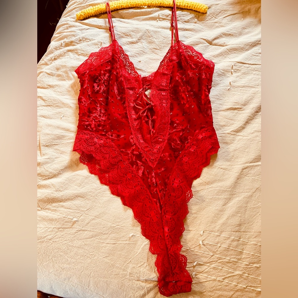 Vintage Victorias Secret Teddy Lingerie Medium Sheer Lace Gold Label Tie Front